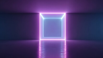 Abstract neon cube tunnel glowing brightly with dark shadowy edges