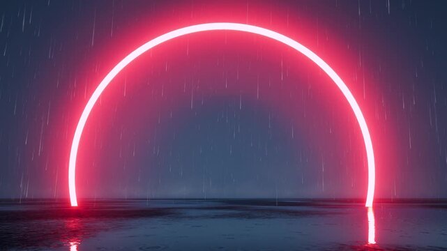 Red neon arc on rain bg 4k