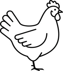 Simple line art vector illustration of a farm hen or chicken standing sideways, featuring a comb and wattle, perfect for agriculture, poultry, or food industry related design projects.