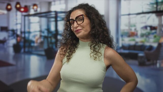 Woman wearing oversized glasses and sleeveless green top poses with hand on chin in hotel building; self confidence.
