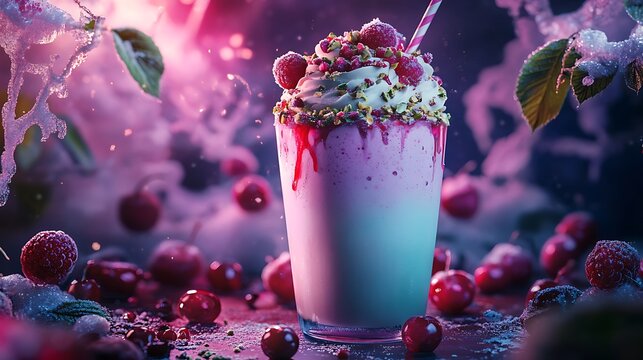 A pistachio and cherry milkshake glowing under frosted berry trees