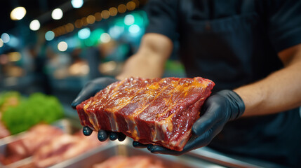 A close-up cinematic shot of a butcher selecting a large raw steak from a display full of meat cuts. The butcherâs hands, covered in tight black gloves, firmly hold the thick red p
