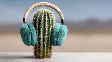 A cactus wearing headphones and fuzzy earmuffs. The cactus is wearing headphones and fuzzy earmuffs, which gives it a playful and whimsical appearance. Concept of fun and lightheartedness