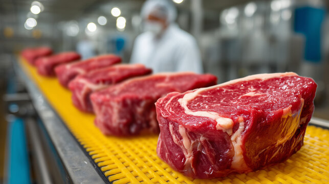 A detailed, clean industrial meat-processing line with trays of raw beef steaks arranged in neat rows on a conveyor. The conveyor surface has a distinctive yellow-and-black grid te - Powered by Adobe
