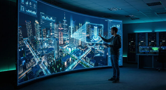 A person interacts with a large display in a modern control room at night
