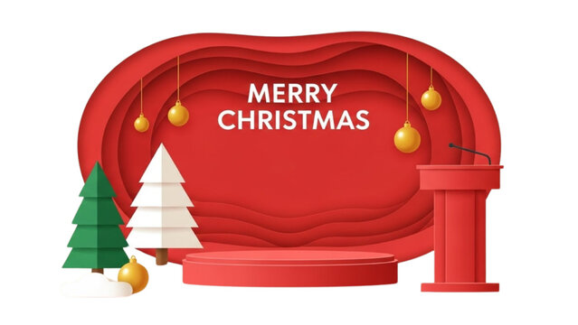 Merry Christmas Celebration Stage Background with Layered Paper Cutout Design and Podium for Events
