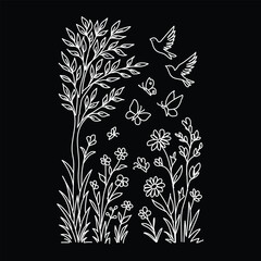 Black and white vector seamless floral pattern with vintage leaf silhouettes for wallpaper and decoration design