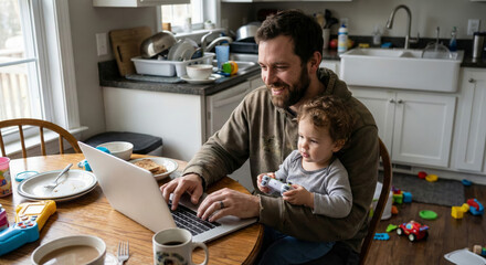 A smiling dad sits at a kitchen table working on a laptop with his baby