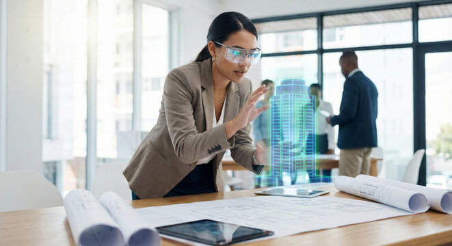 An architect uses a holographic model to design innovative buildings in an office - Powered by Adobe