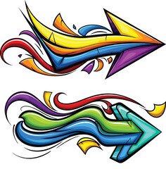 PrintSet of two vibrant, multi-colored stylized graffiti arrows with dynamic fluid lines and flowing elements, a cool street art vector illustration for urban, hip hop, or direction designs.
