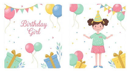 Joyful childhood celebration with a happy young girl surrounded by festive party decorations and colorful gifts