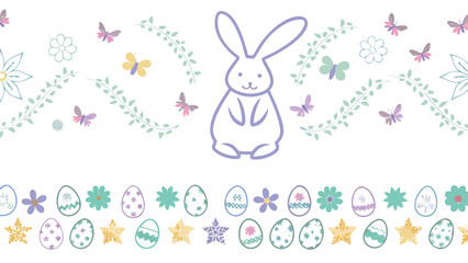 Obraz premium A whimsical easter border design featuring a cute purple bunny surrounded by delicate pastel butterflies and green vines above a row of colorful decorated easter eggs and flowers