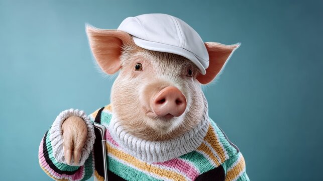 A pig wearing a hat and a striped sweater. The pig is smiling and pointing to the camera - Powered by Adobe