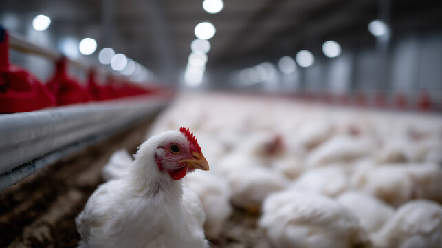 A hyper-realistic industrial poultry farm interior, captured from a central perspective that emphasizes the massive scale of the facility. Endless rows of white broiler chickens de