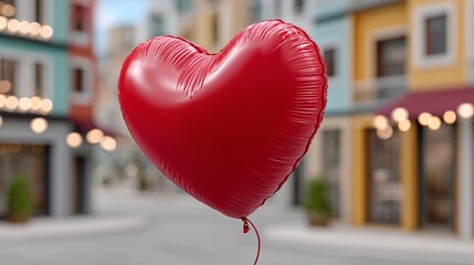 A red heart balloon is floating in the air above a city street. The balloon is tied to a string, and it is the only object visible in the scene. Concept of joy and celebration