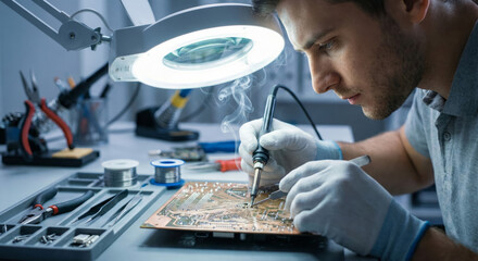 A man in gloves soldering a motherboard plate in a well-equipped workstation