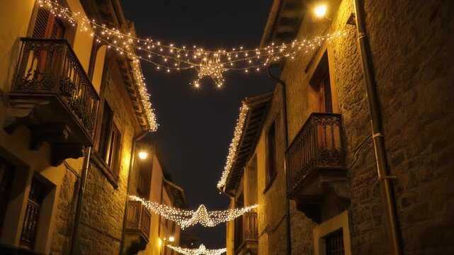 calle estrecha de un casco antiguo, iluminada con luces navide&ntilde;as c&aacute;lidas que bordean los tejados y balcones de edificios de piedra y madera, creando un ambiente festivo y acogedor durante la noche.
