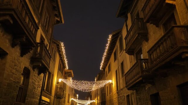 calle estrecha de un casco antiguo, iluminada con luces navide&ntilde;as c&aacute;lidas que bordean los tejados y balcones de edificios de piedra y madera, creando un ambiente festivo y acogedor durante la noche.