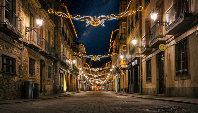 calle estrecha de un casco antiguo, iluminada con luces navide&ntilde;as c&aacute;lidas que bordean los tejados y balcones de edificios de piedra y madera, creando un ambiente festivo y acogedor durante la noche.