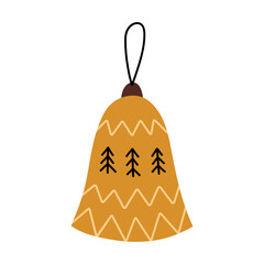 Cute decorative Christmas bell ornament in warm yellow tones with simple tree and zigzag patterns. Festive bauble isolated on a white background. Perfect for holiday and season designs, cards.
