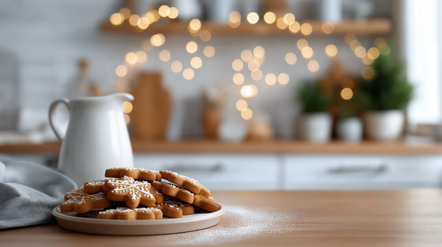 Gingerbread cookies freshly baked and decorated with white icing, resting on a rustic wooden table in a cozy kitchen with festive christmas lights blurring in the background with copy space