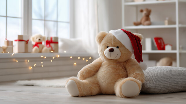 Beige teddy bear in a red santa hat sits on a wooden floor by a window with wrapped gifts and warm decorative lights, creating a cozy, festive children's room scene for christmas with copy space - Powered by Adobe