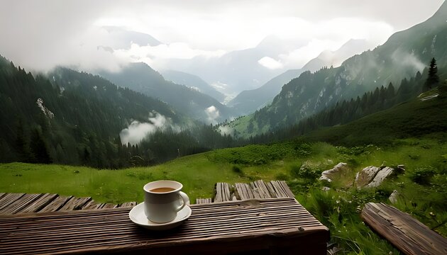 A cup sits on a wooden deck overlooking a misty mountain valley with lush green forests and cloudy skies