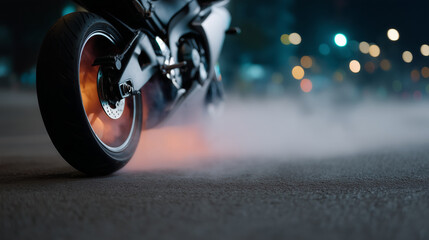 Close-up shot of the rear wheel of a sleek sports motorcycle performing a burnout the wheel spinning rapidly on asphalt, rubber burning, producing thick white smoke swirling around