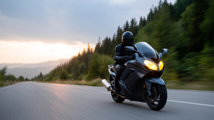 A dynamic action shot of a motorcyclist riding a sleek black sport motorcycle at high speed on an empty countryside road. The rider is wearing full protective gear, including a bla