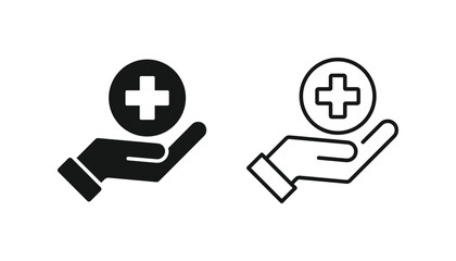 Healthcare support icon. Hands holding a heart with medical cross icon. Health insurance icon. Patient care charity and life protection vector icon