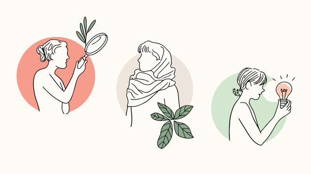 Three minimalist line art figures representing discovery inspiration and contemplation with botanical elements and soft pastel circles