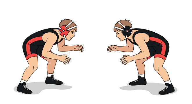 Wrestling match faceoff with two athletes in stance ready for competition