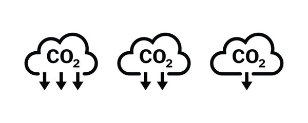 CO2 emissions icon vector. Cloud co2 reduction icon. Reduce co2 gas icon set. Carbon reduction cloud sign.