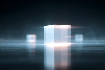 Bright glowing cube fragments scattering light over dark futuristic backdrop