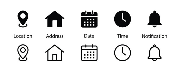 Date, time, location, address and notification icon. Address location, Notification bell, Stopwatch timer, Date Calendar icons set.