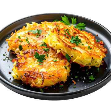 A delicious portion of trinxat with fresh parsley garnish, showcasing its comforting character isolated on a clean white studio background
