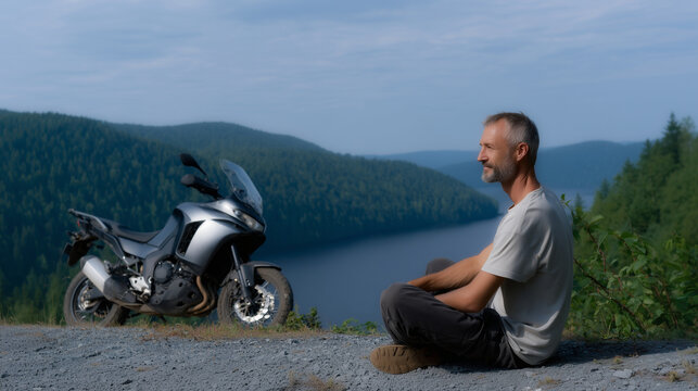 A peaceful outdoor travel scene featuring a man resting beside his adventure motorcycle on a scenic overlook above a lake. The man, dressed in casual riding gear, sits on the groun