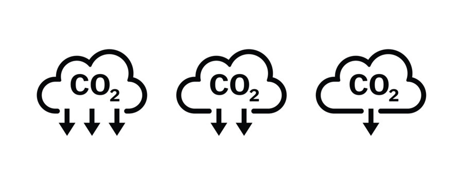 CO2 emissions icon vector. Cloud co2 reduction icon. Reduce co2 gas icon set. Carbon reduction cloud sign.