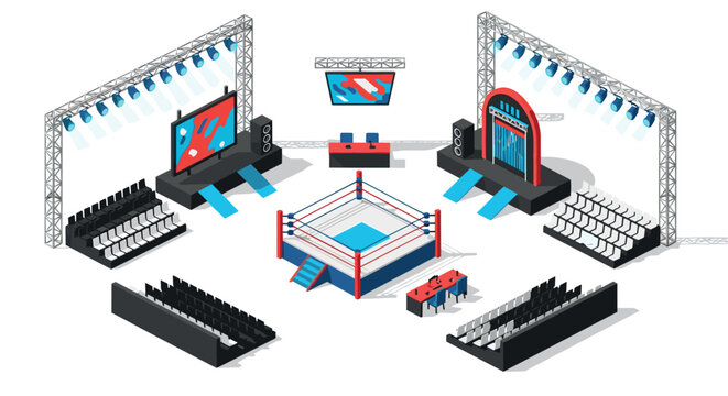 Modern isometric boxing arena with colorful lighting and seating arrangement