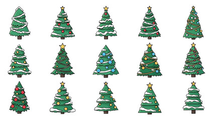 Collection of various decorated Christmas trees, festive and festive holiday decorations