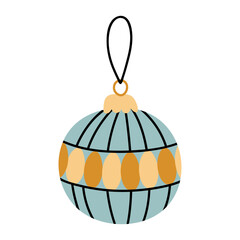 Cute blue bauble with a decorative pattern. Festive holiday element isolated on a white background. Vector hand-drawn flat illustration. Perfect for Christmas and season designs, cards.