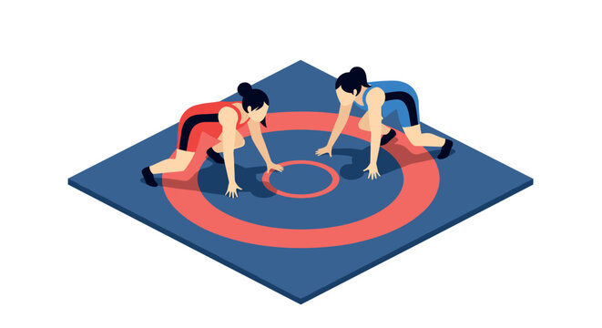 Isometric wrestling match: female athletes competing on a mat