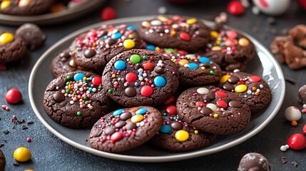 A plate full of colorful chocolate cookies with sprinkles and candy
