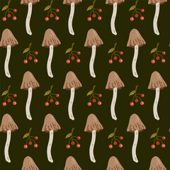 Seamless nature-themed pattern with mushrooms and berries on a dark background. Vector hand-drawn illustration in a flat style. Perfect for wallpaper, wrapping paper, textiles. Simple botanical print.