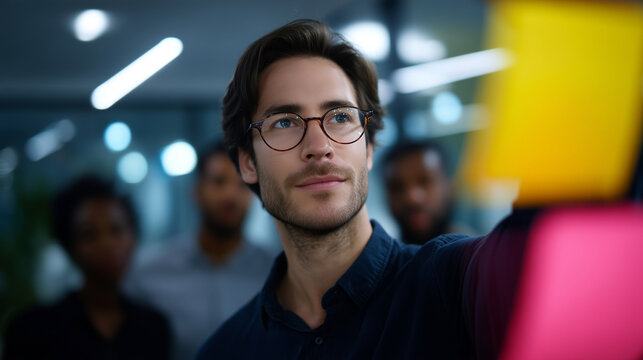 A modern collaborative office scene viewed through a glass wall covered with colorful sticky notes in bright shades of yellow, blue, pink, red, and green. Several people stand behi
