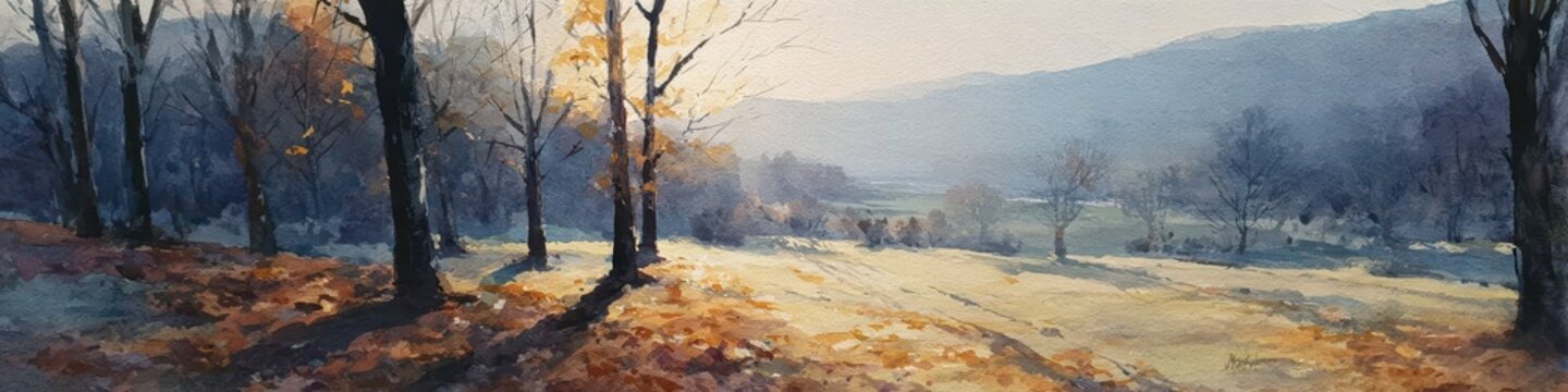 朝日の差す秋の森と広がる山景の水彩イラスト