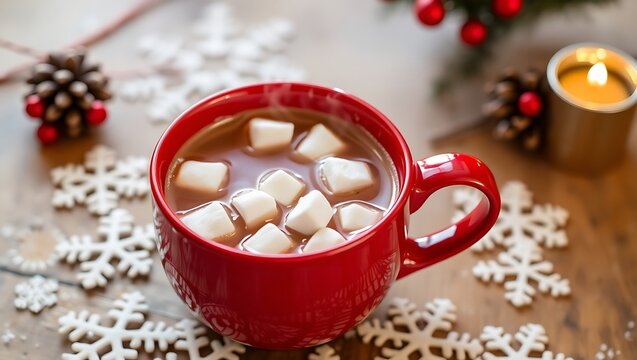 Steaming hot chocolate in a red ceramic mug with marshmallows, snowflakes on the table, festive winter setting
