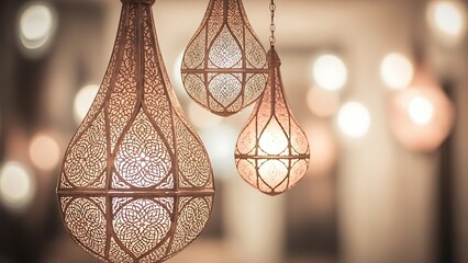 Three ornate moroccan style pendant lamps glowing softly indoors