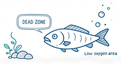 Cartoon fish in dead zone with oxygen level speech bubble