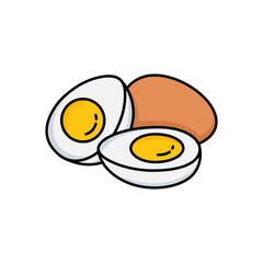 Egg icon set. Broken eggs icons. Cracked eggshell symbols isolated on white background. Happy Easter Day. Fried or boiled half and slices chicken eggs. Allergen free icon label. Vector Illustration.